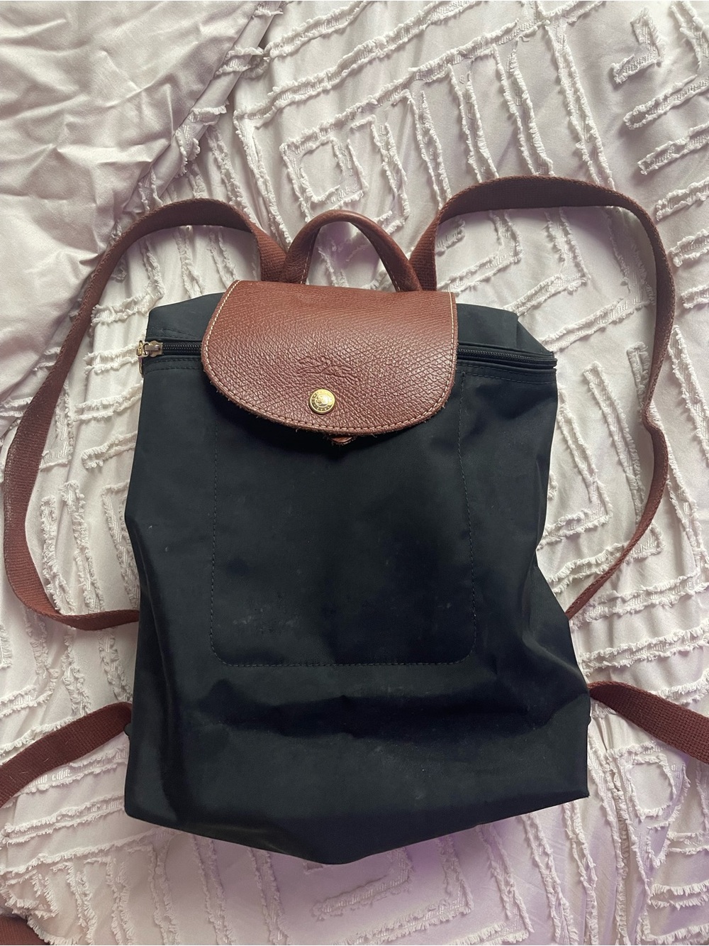 Longchamp Black Nylon Mini Backpack with Brown Leather Trim